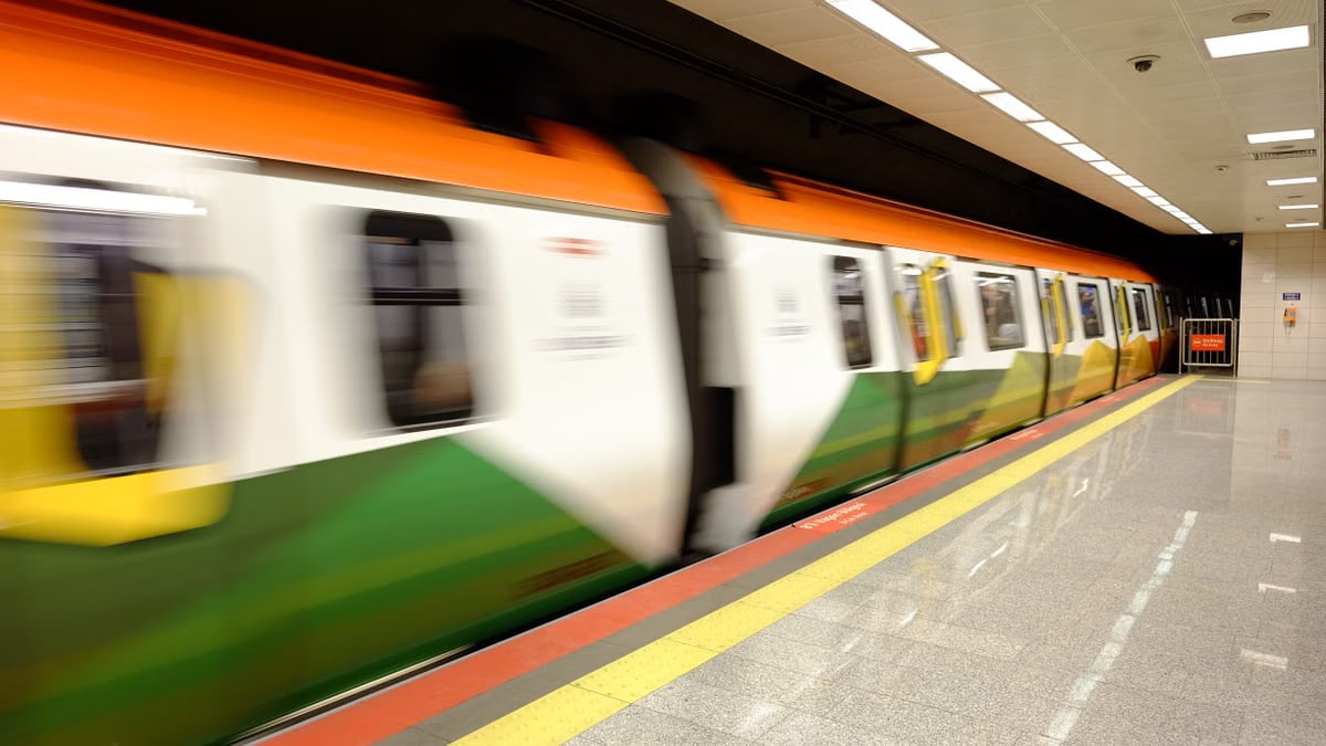Blurred motion of a metro train at an indoor subway station in İstanbul.
